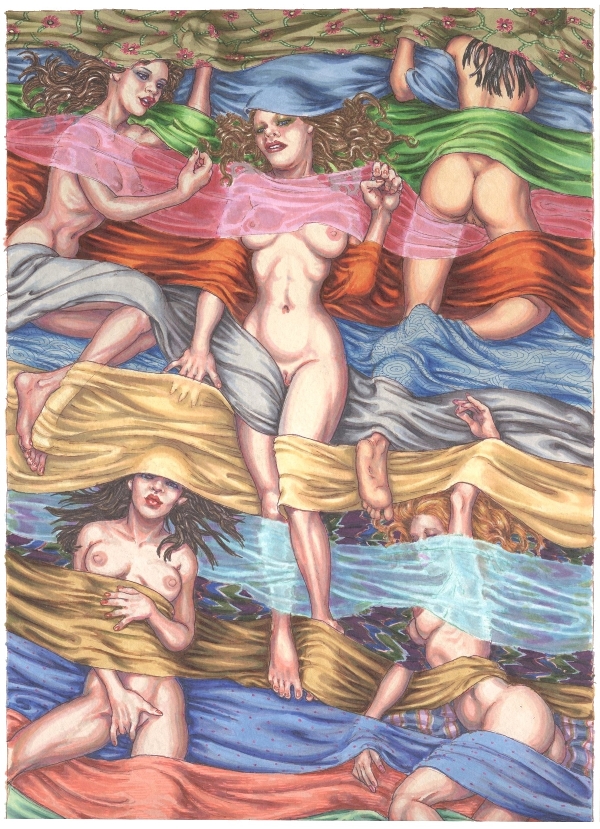 The women interwoven in the fabric of society, the suggestion of women bound to and by their sexuality, the material world&nbsp;that&nbsp;connects and separates women, the diverse patterns of life that engulf/restrain us. I invite the viewer to come to their own understanding of what this design represents. It's also colorful and horny.